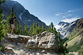 France, Isere, massif of Oisans, Ecrins National Park, in the hamlet of Berarde, hiking to the sanctuary Ecrins Temple, in the background les Bans (3669m)