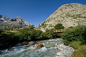 France, Isere, the valley of Etançon and the massif of Oisans, Ecrins National Park, towards the hamlet of Berarde, the Etançons stream and the head of Maye (2518m)