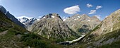 France, Isere, massif of Oisans, National Park of the Ecrins, hike towards the shelter of Temple Ecrins, panorama on the high valley of the Vénéon with from left to the right the Bans (3669m), the Head of the Cheret (3161m ), the point of the valley of Etages (356m), the peaks of Clos Chatel (3563m) and Encoula (3536m)