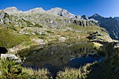 France, Hautes Alpes, massif of Oisans, National Park, Valgaudemar, Lake Lauzon and the tip of Muande (3315m)