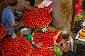 Blick auf leuchtend rote Tomaten zum Verkauf auf dem Zentralmarkt, Port Louis, Mauritius, Indischer Ozean, Afrika