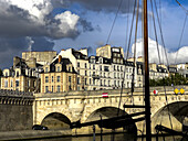 Boat mast, bridge and buildings in Paris, France, Europe