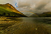 View towards distant Great Gable with rainbow across Wast Water with Yewbarrow on the left and the Scafell Range right, Wasdale, Lake District National Park, UNESCO World Heritage Site, Cumbria, England, United Kingdom, Europe