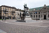 View of the Monument to Carlo Alberto located at the Piazza Carlo Alberto with the National University Library of Turin (BNUTO ) in the background, Turin, Piedmont, Italy, Europe