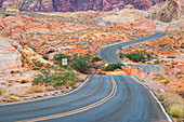 Eine majestätische Straße, die das wunderschöne Valley of Fire durchquert, Nevada, Vereinigte Staaten von Amerika, Nordamerika