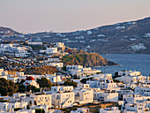 Mykonos Town at sunset, elevated view, Mykonos Island, Cyclades, Greek Islands, Greece, Europe