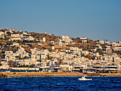 View towards Chora, Mykonos Town, Mykonos Island, Cyclades, Greek Islands, Greece, Europe