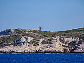 Blick auf den Turm von Drakano, Insel Ikaria, Nord-Ägäis, Griechische Inseln, Griechenland, Europa