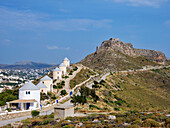 Mittelalterliche Burg und Windmühlen von Pandeli, Insel Leros, Dodekanes, Griechische Inseln, Griechenland, Europa