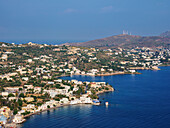 Küste von Agia Marina, Blick von oben, Insel Leros, Dodekanes, Griechische Inseln, Griechenland, Europa