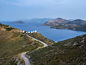 Windmills of Pandeli, elevated view, Leros Island, Dodecanese, Greek Islands, Greece, Europe