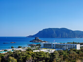 Blick auf die Insel Kastri, Kamari-Bucht, Insel Kos, Dodekanes, Griechische Inseln, Griechenland, Europa