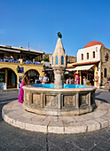Fountain in Hippocrates Square, Medieval Old Town, Rhodes City, Rhodes Island, Dodecanese, Greek Islands, Greece, Europe