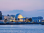 View towards the Elli Nightclub at dusk, Rhodes City, Rhodes Island, Dodecanese, Greek Islands, Greece, Europe