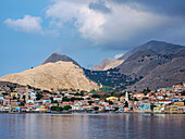 View towards the Chalki Village, Emporio, Halki Island, Dodecanese, Greek Islands, Greece, Europe