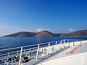 Ferry leaving Agathonisi Island, Dodecanese, Greek Islands, Greece, Europe