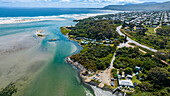 Aerial of the turquoise waters of the Klein River Lagoon, Hermanus, Western Cape Province, South Africa, Africa