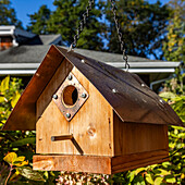 Wooden birdhouse in garden on sunny day