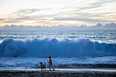 Mexiko, Baja, Pescadero, Silhouette eines Jungen mit Hund am Strand in der Abenddämmerung