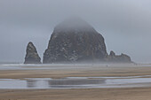 USA, Oregon, Rock formation in fog at Cannon Beach 