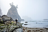 USA, Oregon, Brookings, Ältere Frau wandert auf Felsen über dem Meer