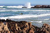 South Africa, Hermanus, Boy (10-11) surfboarding at Kammabaai Beach