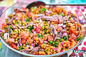 Colorful Lentil Salad With Tomatoes, Green Peppers, and Anchovies