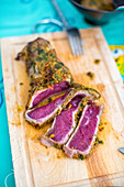 Spanish Retinta Beef Tataki Served on Cutting Board