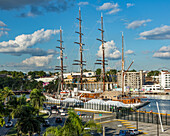 The Sea Cloud, a four-masted luxury sailing cruise ship, at dock in Santo Domingo, Dominican Republic.