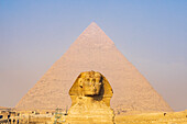 Gizeh, Kairo, Ägypten. Die Große Sphinx und die Chephrenpyramide.