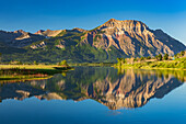 Canada, Alberta, Waterton Lakes National Park. Canadian Rocky Mountains reflected in Lower Waterton Lake.