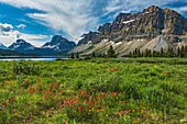 Canada, Alberta, Banff National Park. Landscape with mountains and meadow next to Bow Lake.