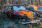Canada, Manitoba, St. Lupicin. Rusted vintage cars. (Editorial Use Only)