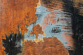 Canada, Manitoba, St. Lupicin. Close-up of rusted paint patterns on vintage car.