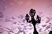 Looking up at a lamp post on Pont Alexandre III, with a pink sky behind it. Pont Alexandre III, Paris, Ile-de-France, France.