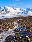 Coastal plain of Nordenskiold Coast. Landscape in Van Mijenfjorden National Park, (former Nordenskiold National Park), Island of Spitsbergen. Arctic region, Scandinavia, Norway, Svalbard