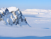 Blick auf den Gronfjord. Gletscher Vestre Gronfjorden, Insel Spitzbergen. Arktische Region, Skandinavien, Norwegen, Svalbard