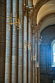 Spain, Galicia. Santiago de Compostela, chandeliers inside the cathedral of Santiago de Compostela