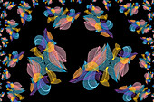 Multi-colored skeleton leaves arranged on black background