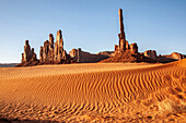 USA, Arizona, Monument Valley Navajo Tribal Park. Eroded formations and sand dunes.
