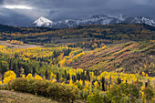 USA, Colorado, Uncompahgre National Forest. Storm spotlight shines on Dolores Peak in autumn.