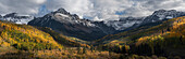 USA, Colorado, Uncompahgre National Forest. Panoramic of Mt Sneffels and forest landscape in autumn.