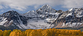 USA, Colorado, Uncompahgre National Forest. Wilson Peak and aspen forest in autumn.