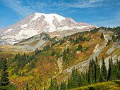 USA, Bundesstaat Washington, Mount Rainier National Park. Mount Rainier und Herbstfarben, Blick vom Skyline Trail