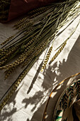 Lange dünne Äste von Getreidegras auf einer Tischdecke in der Nähe von Keramiktellern bei Sonnenlicht von oben
