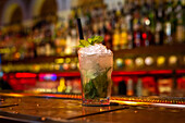 Beautiful professional mojito cocktail decorated with mint leaves in the bar