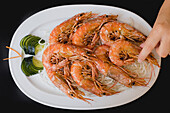 Prepared appetizing prawns in restaurant