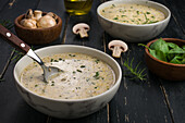 Weiße Schalen mit leckerer, frischer, hausgemachter Pilzsuppe, serviert auf einem schwarzen Tisch mit grünen Kräutern in einer hellen Küche zu Hause