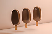Side view of three chocolate ice creams floating in the air and one of them bitten