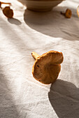 High angle of chanterelle mushrooms placed on table on sunlight in countryside home